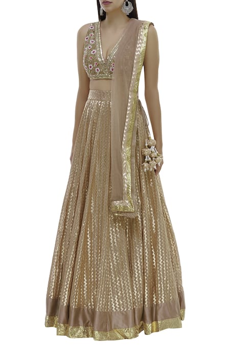 Neha Khullar Beige Net, Silk, Brocade V Neck Lehenga Set Online at Aza Fashions Neha Khullar_Beige Net, Silk, Brocade V Neck Lehenga Set _Online_at_Aza_Fashions