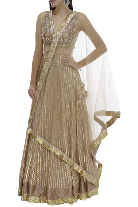 Buy Neha Khullar Beige Net, Silk, Brocade V Neck Lehenga Set Online at Aza Fashions Buy_Neha Khullar_Beige Net, Silk, Brocade V Neck Lehenga Set _Online_at_Aza_Fashions