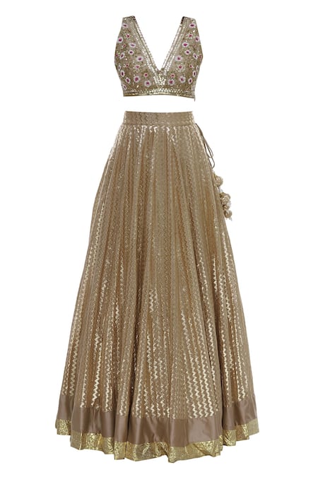 Shop Neha Khullar Beige Net, Silk, Brocade V Neck Lehenga Set Online at Aza Fashions Shop_Neha Khullar_Beige Net, Silk, Brocade V Neck Lehenga Set _Online_at_Aza_Fashions