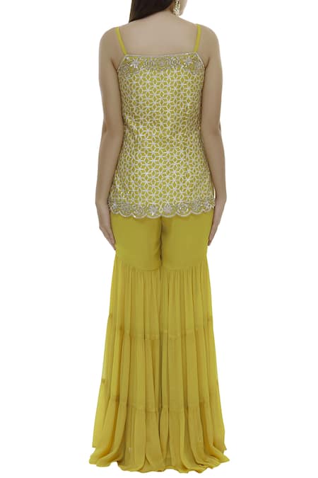 Shop_Neha Khullar_Yellow Chiffon, Chanderi Silk Square Neck Kurta Sharara Set _at_Aza_Fashions