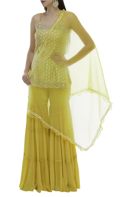 Neha Khullar_Yellow Chiffon, Chanderi Silk Square Neck Kurta Sharara Set _Online_at_Aza_Fashions
