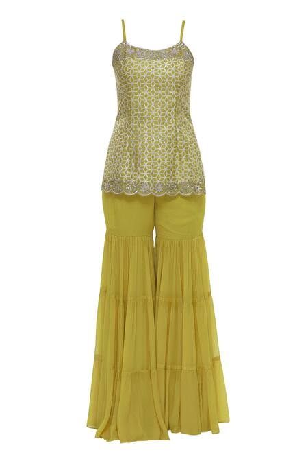 Buy_Neha Khullar_Yellow Chiffon, Chanderi Silk Square Neck Kurta Sharara Set _Online_at_Aza_Fashions