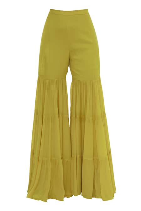 Shop_Neha Khullar_Yellow Chiffon, Chanderi Silk Square Neck Kurta Sharara Set _Online_at_Aza_Fashions