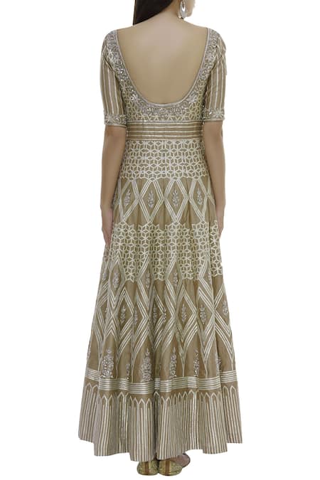 Shop_Neha Khullar_Beige Net, Silk, Brocade Embellished Anarkali With Dupatta _at_Aza_Fashions