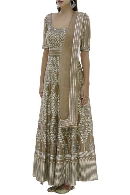 Buy_Neha Khullar_Beige Net, Silk, Brocade Embellished Anarkali With Dupatta _Online_at_Aza_Fashions
