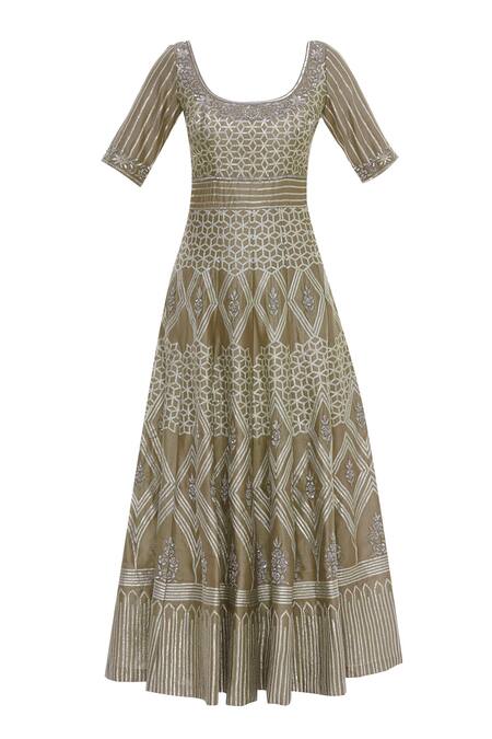 Shop_Neha Khullar_Beige Net, Silk, Brocade Embellished Anarkali With Dupatta _Online_at_Aza_Fashions