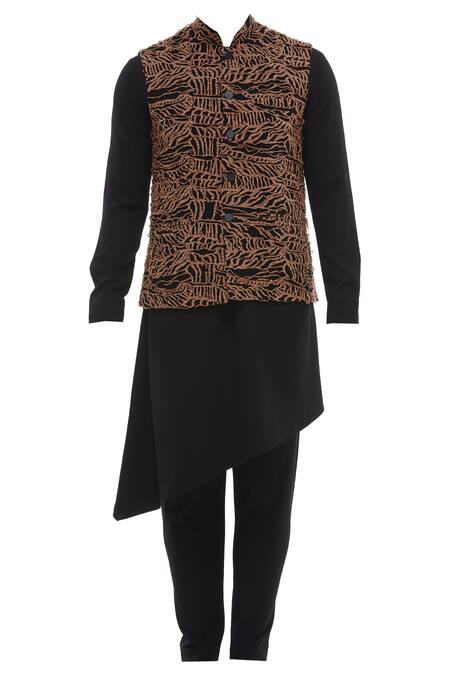 Nautanky Black Korean Polyester Printed Bundi Kurta Set Online at Aza Fashions Nautanky_Black Korean Polyester Printed Bundi Kurta Set _Online_at_Aza_Fashions