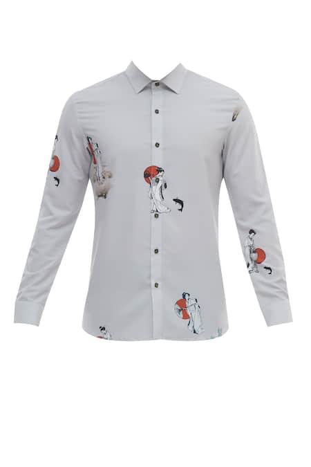 Shop Nautanky Grey Korean Polyester Printed Shirt Online at Aza Fashions Shop_Nautanky_Grey Korean Polyester Printed Shirt _Online_at_Aza_Fashions