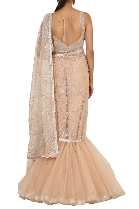 Shop_Rabani & Rakha_Peach Net Leaf Neck Embellished Lehenga Saree Set _at_Aza_Fashions