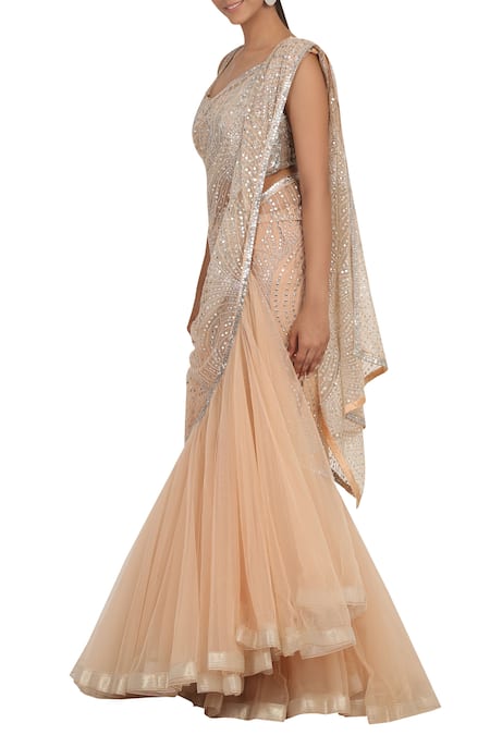 Rabani & Rakha_Peach Net Leaf Neck Embellished Lehenga Saree Set _Online_at_Aza_Fashions