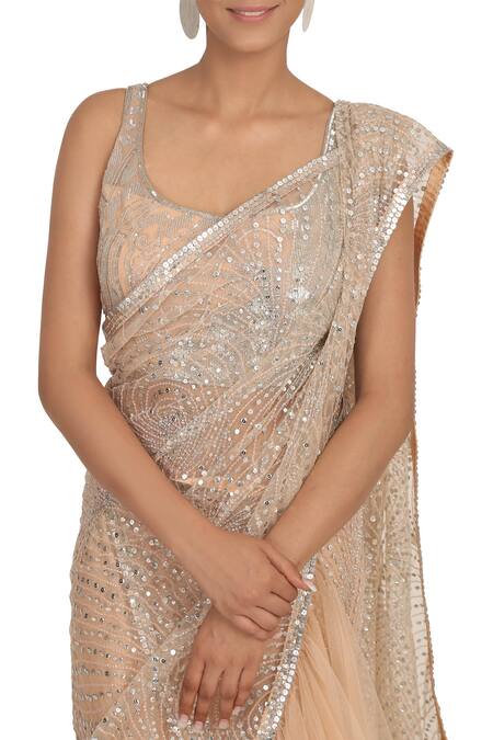 Buy_Rabani & Rakha_Peach Net Leaf Neck Embellished Lehenga Saree Set _Online_at_Aza_Fashions