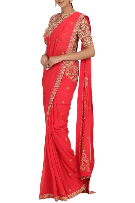 Rabani & Rakha_Red Foil Georgette Round Embellished Saree Set_Online_at_Aza_Fashions