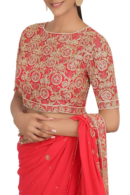 Buy_Rabani & Rakha_Red Foil Georgette Round Embellished Saree Set_Online_at_Aza_Fashions