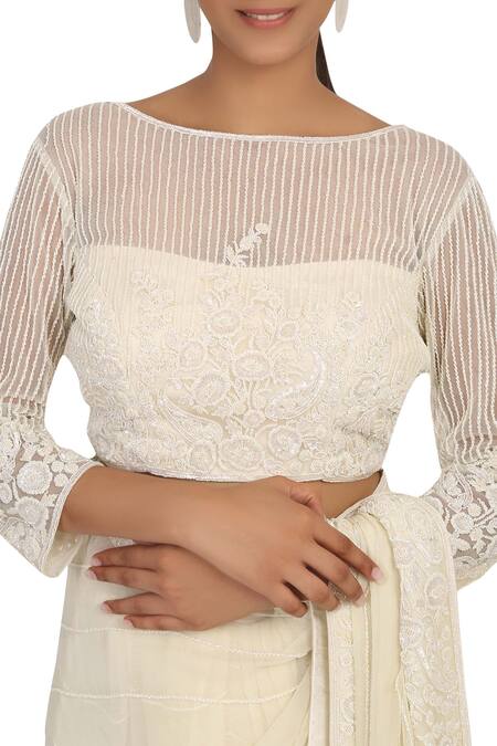 Buy_Rabani & Rakha_Off White Chiffon Bateau Embellished Saree Set_Online_at_Aza_Fashions