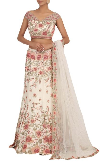 Rabani & Rakha Off White Satin Leaf Neck Embellished Lehenga Set 