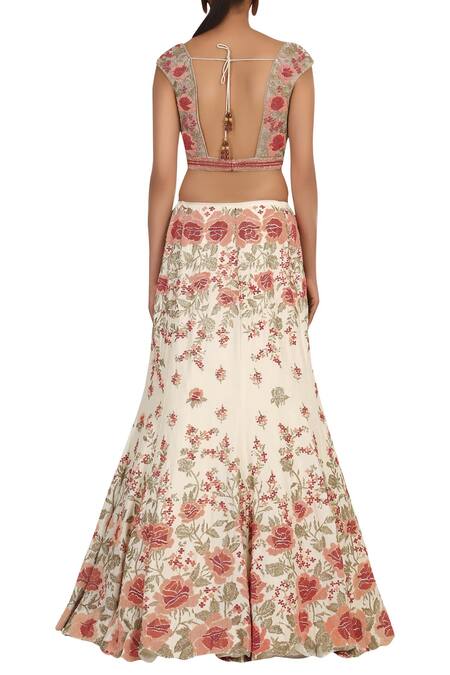 Shop Rabani & Rakha Off White Satin Leaf Neck Embellished Lehenga Set at Aza Fashions Shop_Rabani & Rakha_Off White Satin Leaf Neck Embellished Lehenga Set_at_Aza_Fashions