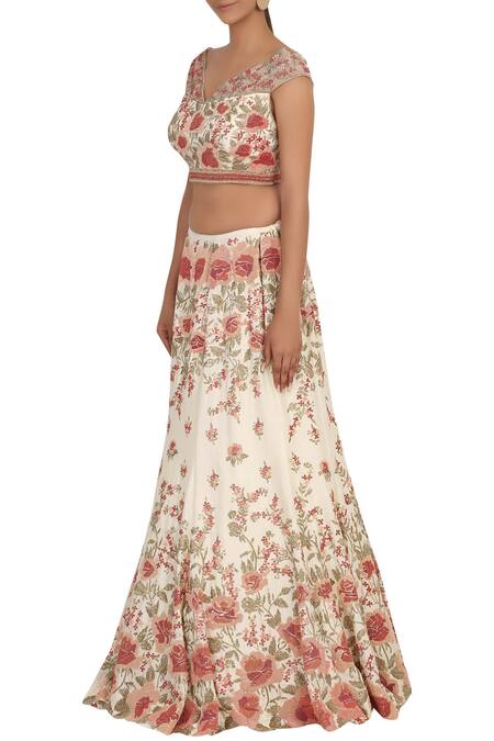 Rabani & Rakha Off White Satin Leaf Neck Embellished Lehenga Set Online at Aza Fashions Rabani & Rakha_Off White Satin Leaf Neck Embellished Lehenga Set_Online_at_Aza_Fashions