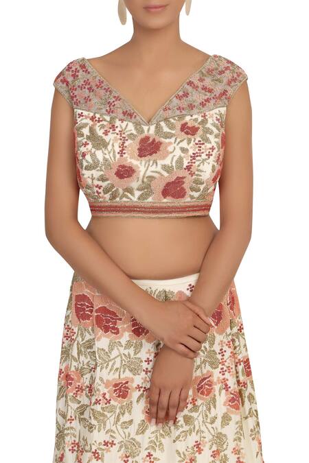 Buy_Rabani & Rakha_Off White Satin Leaf Neck Embellished Lehenga Set_Online_at_Aza_Fashions