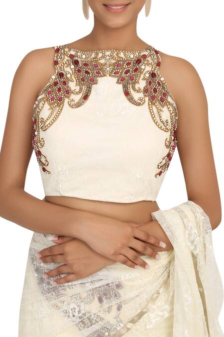 Buy_Rabani & Rakha_Off White Georgette, Lace Halter Neck Pre-pleated Lehenga Saree_Online_at_Aza_Fashions