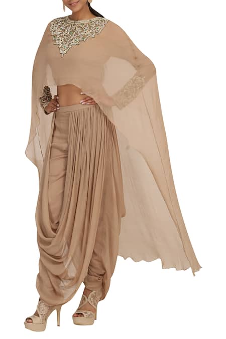 Rabani & Rakha_Gold Chiffon Round Embellished Cape Dhoti Pant Set_Online_at_Aza_Fashions