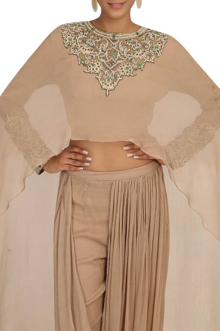 Buy_Rabani & Rakha_Gold Chiffon Round Embellished Cape Dhoti Pant Set_Online_at_Aza_Fashions
