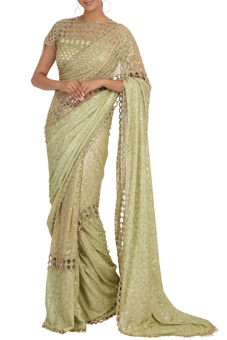 Rabani & Rakha Green Net Embellished Saree Set