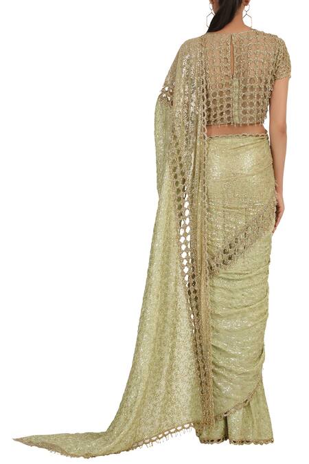 Shop_Rabani & Rakha_Green Net Embellished Saree Set_at_Aza_Fashions