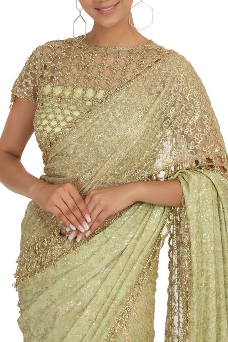 Buy_Rabani & Rakha_Green Net Embellished Saree Set_Online_at_Aza_Fashions