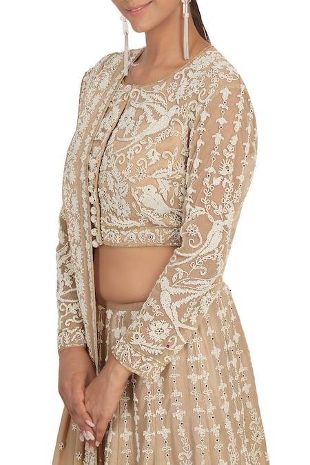 Buy_Rabani & Rakha_Beige Dupion Silk Round Embellished Bridal Lehenga Set_Online_at_Aza_Fashions