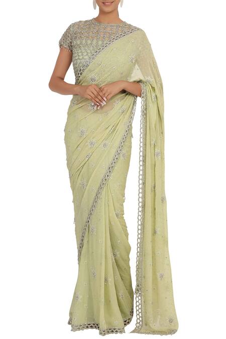 Rabani & Rakha_Green Chinon Embellished Saree Set_Online_at_Aza_Fashions