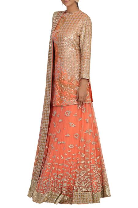 Rabani & Rakha_Peach Net Round Embellished Kurta Lehenga Set_Online_at_Aza_Fashions