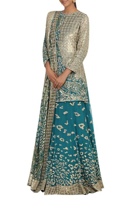 Rabani & Rakha_Blue Net, Chiffon Round Embellished Kurta Lehenga Set_Online_at_Aza_Fashions