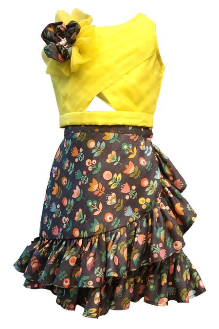 Shop Lil Angels Yellow Top Glass Organzaskirt Cotton Silklining Crop With Printed Skirt at Aza Fashions Shop_Lil Angels_Yellow Top Glass Organzaskirt Cotton Silklining Crop With Printed Skirt_at_Aza_Fashions