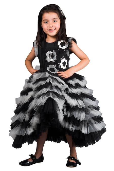 Miakki_Black Silk, Net, Linen Applique, Fringe Embellished Tiered Gown_Online_at_Aza_Fashions