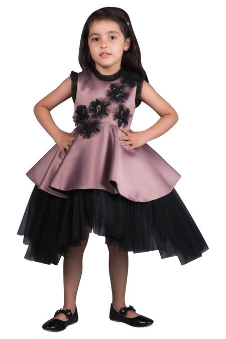 Miakki_Purple Satin, Net Fabric Flowers Embellished Dress _Online_at_Aza_Fashions