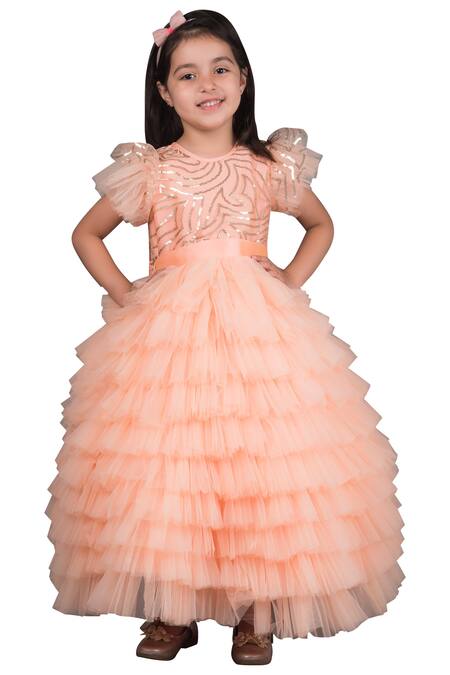 Miakki_Peach Silk Embellished Tiered Gown _Online_at_Aza_Fashions