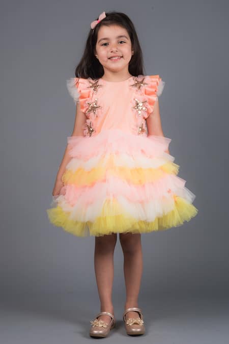 Miakki Yellow Satin, Net Applique Embellished Dress 