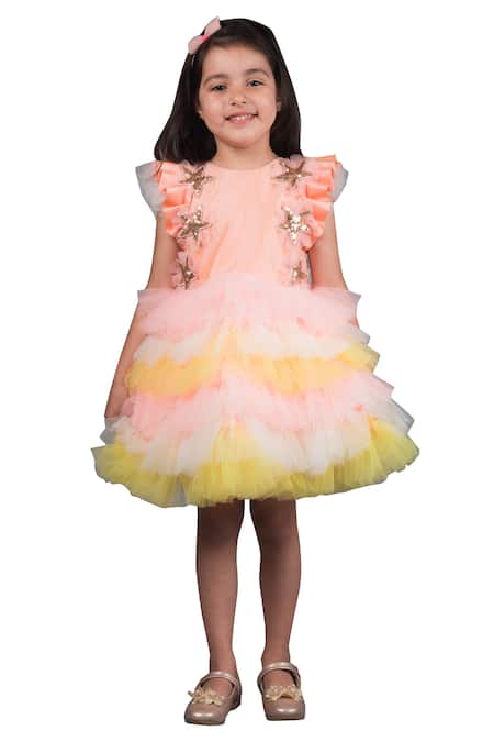 Miakki_Yellow Satin, Net Applique Embellished Dress _Online_at_Aza_Fashions