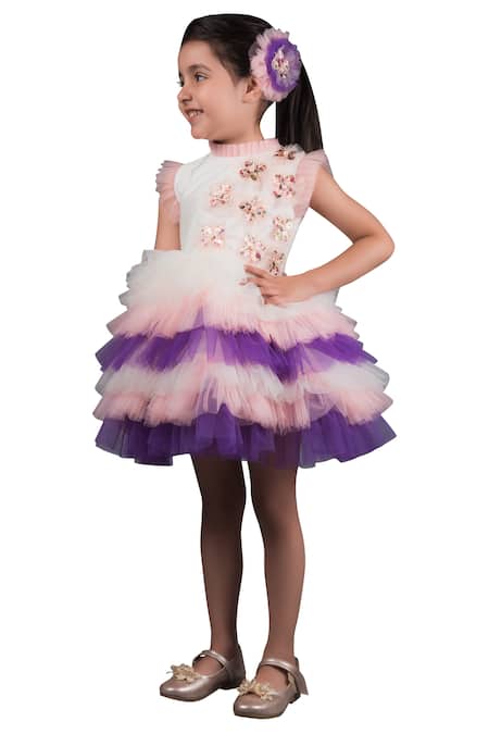 Shop Miakki Multi Color Silk, Net, Linen Applique Frill Dress at Aza Fashions Shop_Miakki_Multi Color Silk, Net, Linen Applique Frill Dress _at_Aza_Fashions