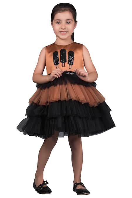 Miakki_Orange Satin, Net, Crepe Sequins Frill Dress With Belt _Online_at_Aza_Fashions