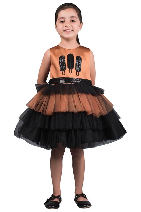 Buy_Miakki_Orange Satin, Net, Crepe Sequins Frill Dress With Belt _Online_at_Aza_Fashions