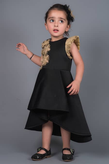 Miakki Black Neoprene, Crepe Applique Flared Dress 