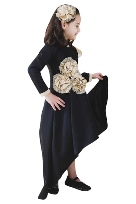 Miakki_Black Neoprene, Crepe Applique High Low Gown _Online_at_Aza_Fashions