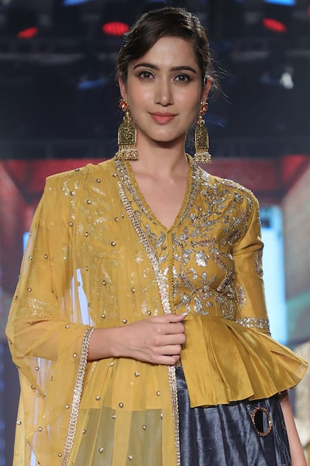 Shop Joy Mitra Yellow Raw , Chanderi V-shaped Neckline Lehenga Set at Aza Fashions Shop_Joy Mitra_Yellow Raw , Chanderi V-shaped Neckline Lehenga Set _at_Aza_Fashions