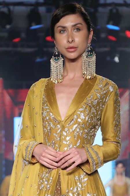 Shop Joy Mitra Gold Chanderi Silk V-shaped Neckline Kurta Lehenga Set at Aza Fashions Shop_Joy Mitra_Gold Chanderi Silk V-shaped Neckline Kurta Lehenga Set _at_Aza_Fashions