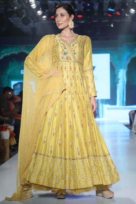 Joy Mitra Yellow Chanderi Silk V-shaped Neckline Anarkali With Dupatta