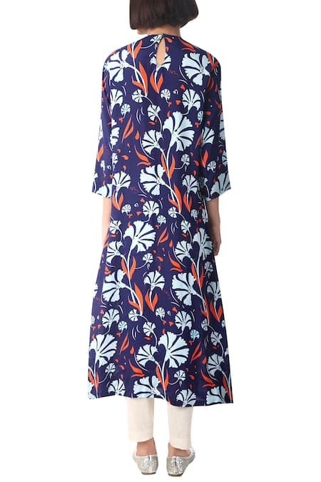 Shop Saksham & Neharicka Blue Silk Round Chanderi Printed Kurta at Aza Fashions Shop_Saksham & Neharicka_Blue Silk Round Chanderi Printed Kurta _at_Aza_Fashions