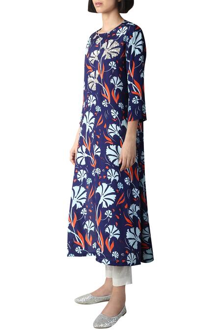 Saksham & Neharicka Blue Silk Round Chanderi Printed Kurta Online at Aza Fashions Saksham & Neharicka_Blue Silk Round Chanderi Printed Kurta _Online_at_Aza_Fashions