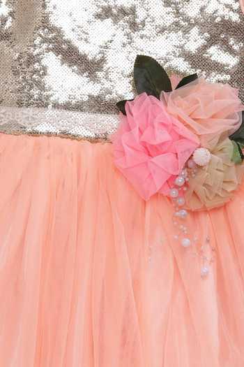 Pinkcow designs pvt ltd_Peach Net Sequins, Fabric Flowers Flared Designer Dress With Floral Bow _Online_at_Aza_Fashions