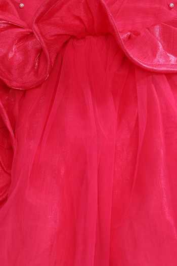 Pinkcow designs pvt ltd_Pink Silk, Net Beads, Ruffles One Shoulder Gown _Online_at_Aza_Fashions